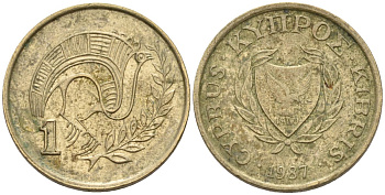 Кипр 1 цент 1987 KM 53.2 никель латунь 4174-1123