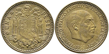 ИСПАНИЯ 1 ПЕСЕТА 1953 (62) ФРАНСИСКО ФРАНКО ДИКТАТОР ИСПАНИИ (1939-1975) KM 775 алюминиевая бронза 110-1123