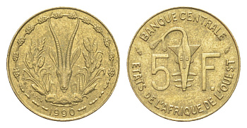 Западная Африка (BCEAO) 5 франков 1990 KM 2a медь алюминий никель UNC 4651-868