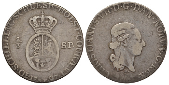 Шлезвиг-Гольштейн 40 шиллингов - 2/3 далера 1797 MF, Кристиан VII KM 8, Hede 40 A, Jaeger 9 серебро 00-811-49