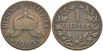 Немецкая Восточная Африка (Танзания) 1 геллер 1905 J, Ost-Africa Jaeger 716, KM 7 бронза 4448-435
