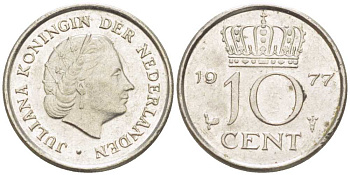 НИДЕРЛАНДЫ 10 ЦЕНТОВ 1977 ЮЛИАНА (1948-1980) KM 182 никель 211-1231