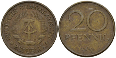 ГДР 20 пфеннигов 1969 А, первый год KM 11 латунь 92-131
