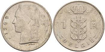 БЕЛЬГИЯ 1 ФРАНК 1969 BELGIE KM 143.1 медно-никель 4563-1257