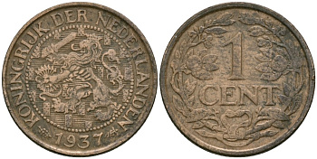 Нидерланды 1 цент 1937 Вильгельмина (1890-1948) KM 152 бронза 4576-1131