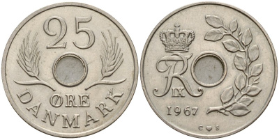 Дания 25 эре 1967 С; S, Фредерик IX (1947-1972) KM 855.1 медно-никель 4150-913