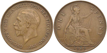 Великобритания 1 пенни 1929 Георг V (1910-1936) KM 838, Spink 4055 бронза 115-234