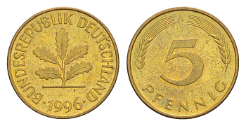 Германия 5 пфеннигов 1996 A KM 107, J. 382 сталь плакированная латунью UNC 4630-1256