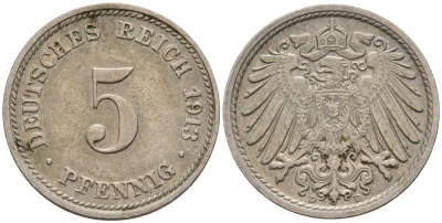 Германия 5 пфеннигов 1913 D KM 11, J. 12 медно-никель 4151-541