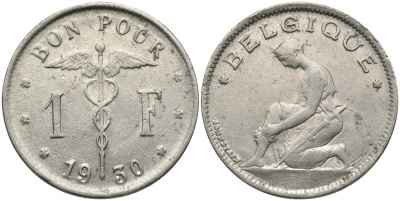 БЕЛЬГИЯ 1 ФРАНК 1930 BELGIQUE KM 89 никель 51-2116