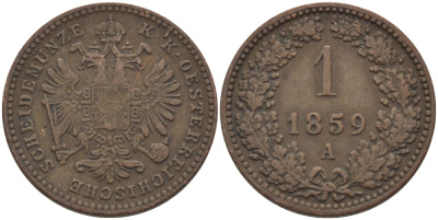 Австрия 1 крейцер 1859 A, Франц Иосиф I (1848-1916) KM 2186 медь 100-129