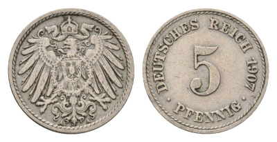 Германия 5 пфеннигов 1907 A, Вильгельм II (1888-1918) KM 11, J. 12 медно-никель 4636-151