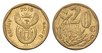 ЮАР 20 центов 2016 герб, цветок протея KM 327 сталь плакированная бронзой UNC 4687-665