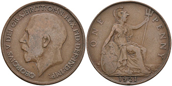 Великобритания 1 пенни 1921 Георг V (1910-1936) KM 810, Spink 4051 бронза 215-644