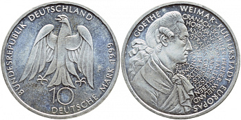 ФРГ 10 марок 1999 F, 250 лет со дня рождения Иоганна Гете KM 197 серебро UNC 1520-1521