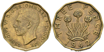 Великобритания 3 пенса 1942 Георг VI (1937-1952) KM 849, Spink 4112 никель латунь 4561-955