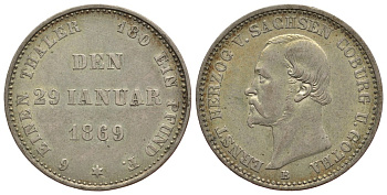 САКСЕН-КОБУРГ-ГОТА 1/6 ТАЛЕРА 1869 B, 25 ЛЕТ ПРАВЛЕНИЯ ЭРНСТА II (1844-1893) KM 119, Jaeger 297 AKS 118 серебро 00-00