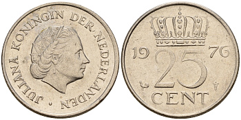 Нидерланды 25 центов 1976 Юлиана (1949-1980) KM 183 никель    4598-517