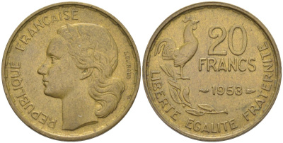 Франция 20 франков 1953 петух, 4 ПЕРА KM 917.1, Le Frank 402.11 алюминиевая бронза 4519-725