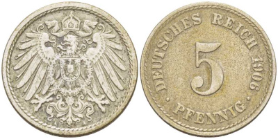 ГЕРМАНИЯ 5 ПФЕННИГОВ 1906 A KM 11, J. 12, Weege 6 медно-никель 206-946
