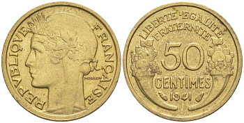 ФРАНЦИЯ 50 САНТИМОВ 1941 ТИП MORLON KM 894.1, LE FRANC 192.18 алюминиевая бронза 44-537
