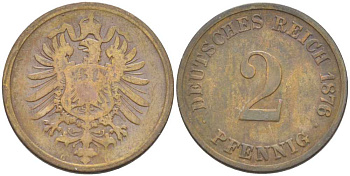 ГЕРМАНИЯ 2 ПФЕННИГА 1876 G, СТАРОГЕРБОВКА KM 2, J. 2, Weege 3 медь 212-652