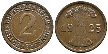 ГЕРМАНИЯ 2 РЕЙХСПФЕННИГА 1925 A KM 38, J. 314 бронза 176-343
