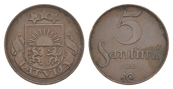 Латвия 5 сантимов 1922 KM 3 бронза 4658-1214
