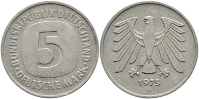 ФРГ 5 марок 1975 G, монетный двор Карлсруэ КМ 140.1, J. 415 медно-никель плакированный никелем 4389-633