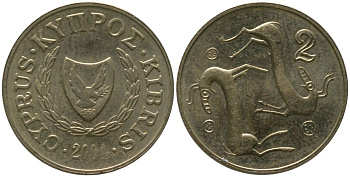 Кипр 2 цента 2004 KM 54.3 никель латунь 4158-465