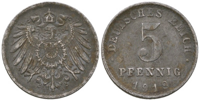 Германия 5 пфеннигов 1918 A, Вильгельм II (1888-1918) KM 19, AKS 17, J 297, Schon DM 20, Neum 33 железо 4588-344