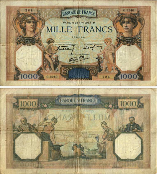 ФРАНЦИЯ 1000 ФРАНКОВ 1938 28 АПРЕЛЯ 1938 Pick 90с бумага VF 8607-90-1