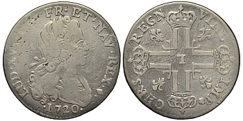 ФРАНЦИЯ 1/3 ЭКЮ 1720 L, ЛЮДОВИК XV KM 455. серебро 413-3342