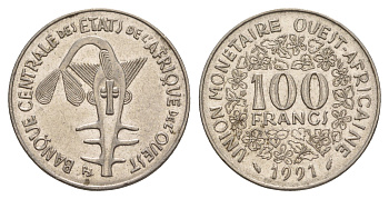 Западная Африка (BCEAO) 100 франков 1991 KM 4 никель 4656-931
