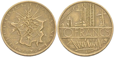 Франция 10 франков 1979 тип Матье KM 940, Le Franc 365.13-14 никель латунь 111-1016
