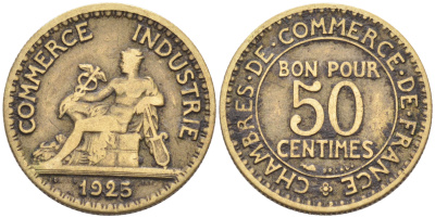 ФРАНЦИЯ 50 САНТИМОВ 1925 KM 884 алюминиевая бронза 4588-353
