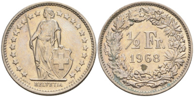 Швейцария 1/2 франка 1968 KM 23a медно-никель 4608-526