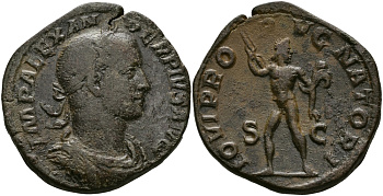 Римская Империя сестерций 222 - 235 Александр Север IOVI PROPVGNATORI Юпитер, Рим Good Very fine 20,51 гр RIC 628 бронза 1073-8-24