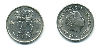НИДЕРЛАНДЫ 25 ЦЕНТОВ 1956 ЮЛИАНА KM 183 никель 54-1142