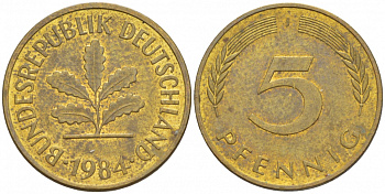 ФРГ 5 ПФЕННИГОВ 1984 J KM 107, J. 382 сталь плакированная латунью 3851-1042