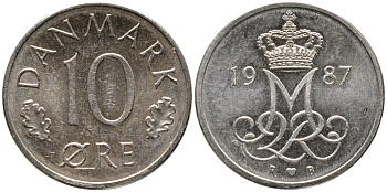 Дания 10 эре 1987 R; B, Маргрете  II (1972-2024) KM 860.3 медно-никель 100-727