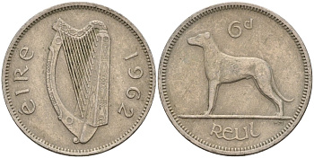 Ирландия 6 пенсов 1962 ирландский волкодав KM 13a медно-никель 4146-452