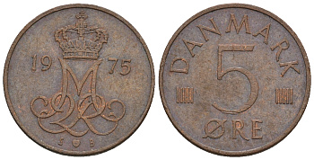 Дания 5 эре 1975 S; B, Маргрете II (1972- ) KM 859.1 железо плакированное медью 4609-1115