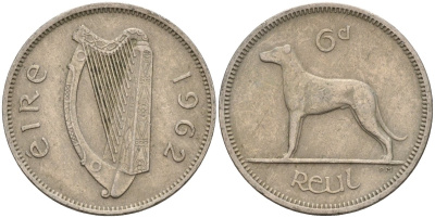 Ирландия 6 пенсов 1962 ирландский волкодав KM 13a медно-никель 4146-452
