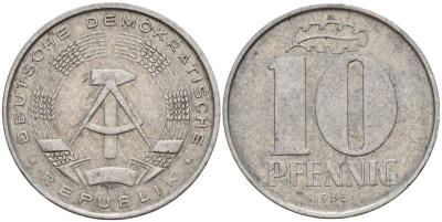 ГДР 10 пфеннигов 1968 A KM 10 алюминий 55-526