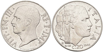 ИТАЛИЯ 20 ЧЕНТЕЗИМО 1941 R, ГОД XIX, ВИКТОР ЭММАНУИЛ III (1900-1946) KM 75b, VEM3. 1028 нержавеющая сталь 3853-635