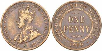АВСТРАЛИЯ 1 ПЕННИ 1919 ГЕОРГ V KM 23 бронза 4403-916