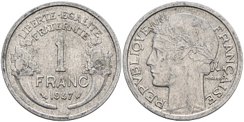 Франция 1 франк 1947 KM 885a.1 алюминий 4142-953