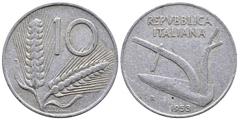 Италия 10 лир 1953 R, плуг, колосья KM 93 алюминий 4383-721