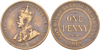 АВСТРАЛИЯ 1 ПЕННИ 1919 ГЕОРГ V KM 23 бронза 4403-916